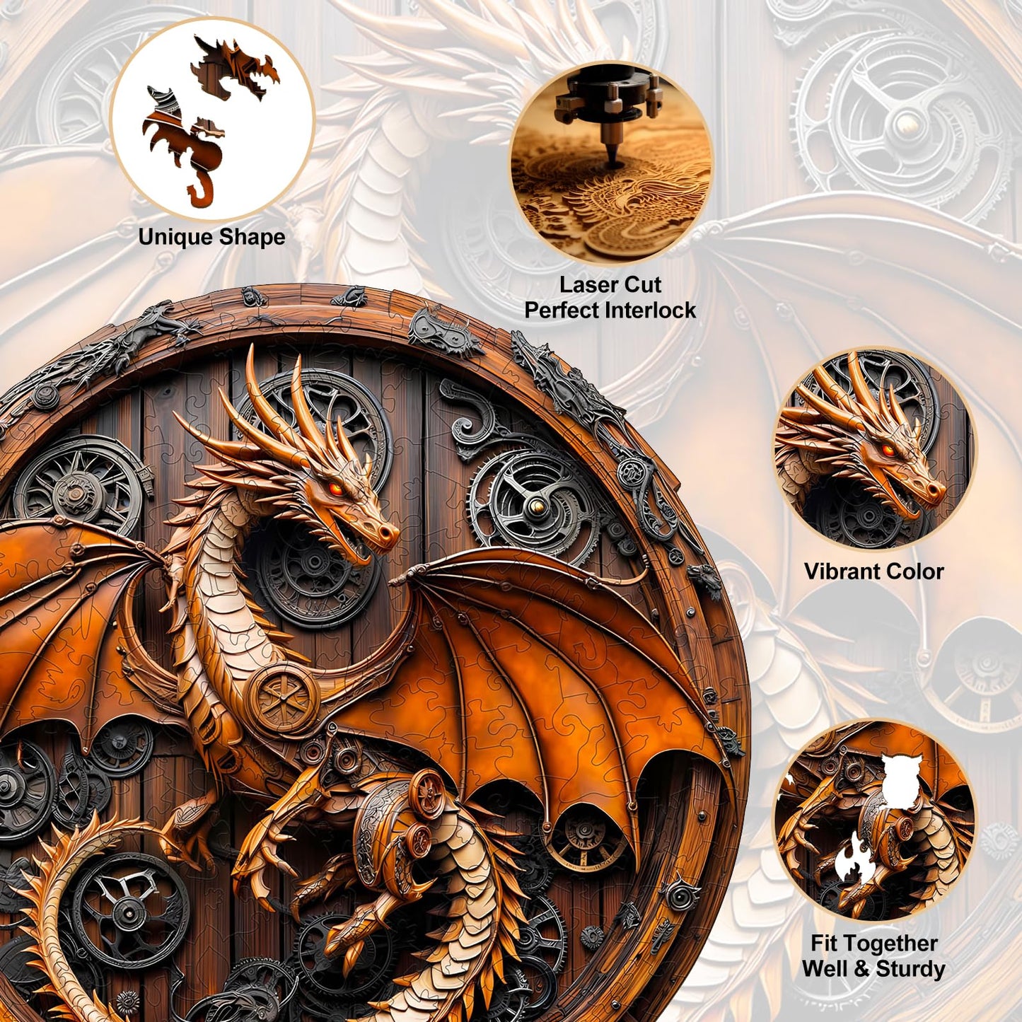 KAAYEE Wooden Puzzles for mature-themeds  3D Vision Mechanical Dragon Wooden Jigsaw Puzzles  Unique Shape Advanced Wood Puzzle mature-themed  Birthday Fathers Family Games (L-13.4 * 13.3in-300pcs)