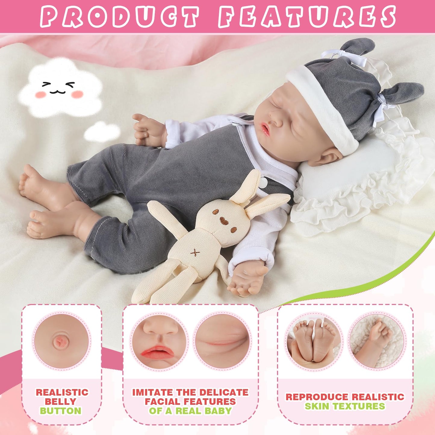 IVITA 12 inch Lifelike Eye Closed Reborn Silicone Baby Dolls Platinum Full Silicone Baby Doll Sleeping Realistic Newborn Baby Do