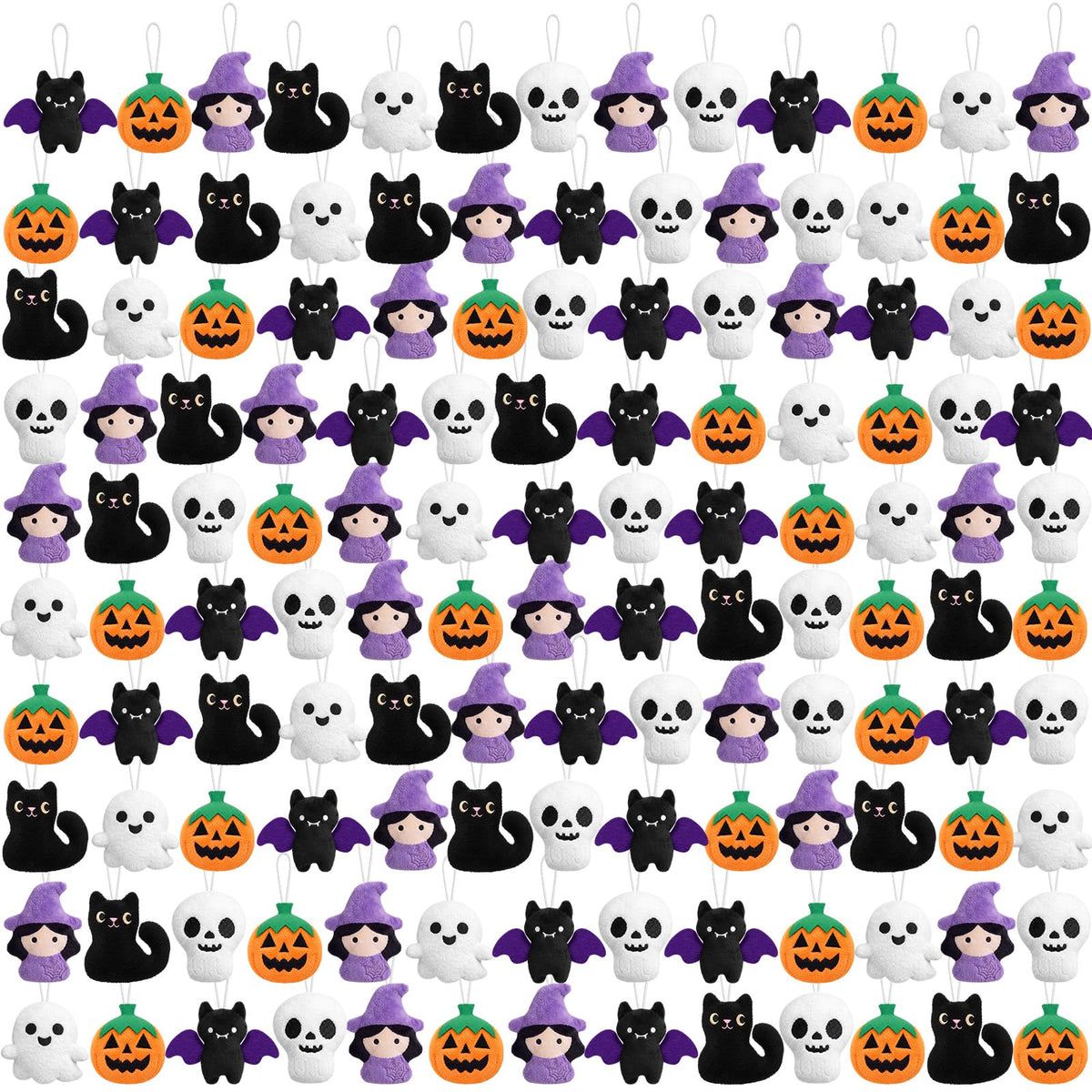 Junkin 100 Pcs Halloween Mini Plush Toy Decorations Ghost Pumpkin Skull Bat Witch Cat Mini Halloween Plush Toy Bulk for Kids Tri