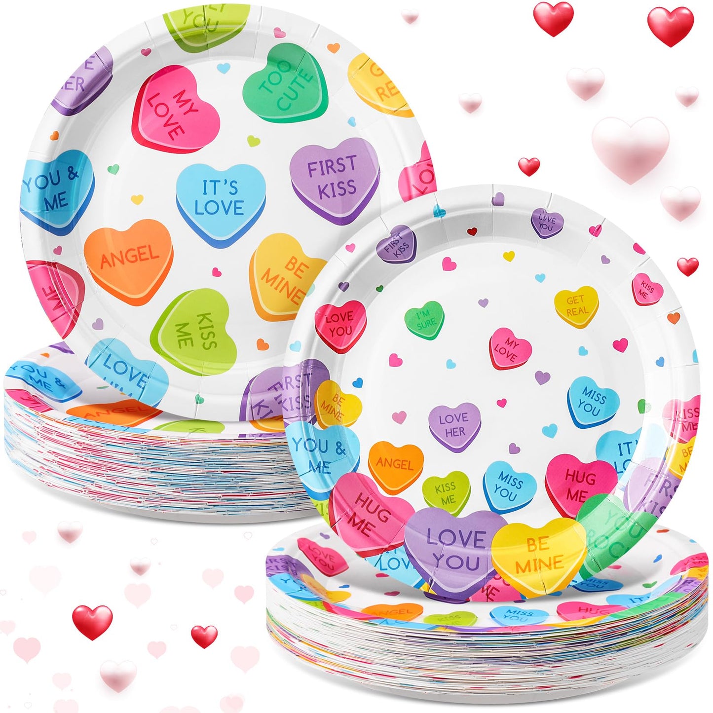 Potchen 100 Pcs 7 Inch Valentines Day Paper Plates Disposable Conversation Heart Paper Plates Round Sweetest Day Plates Decorat