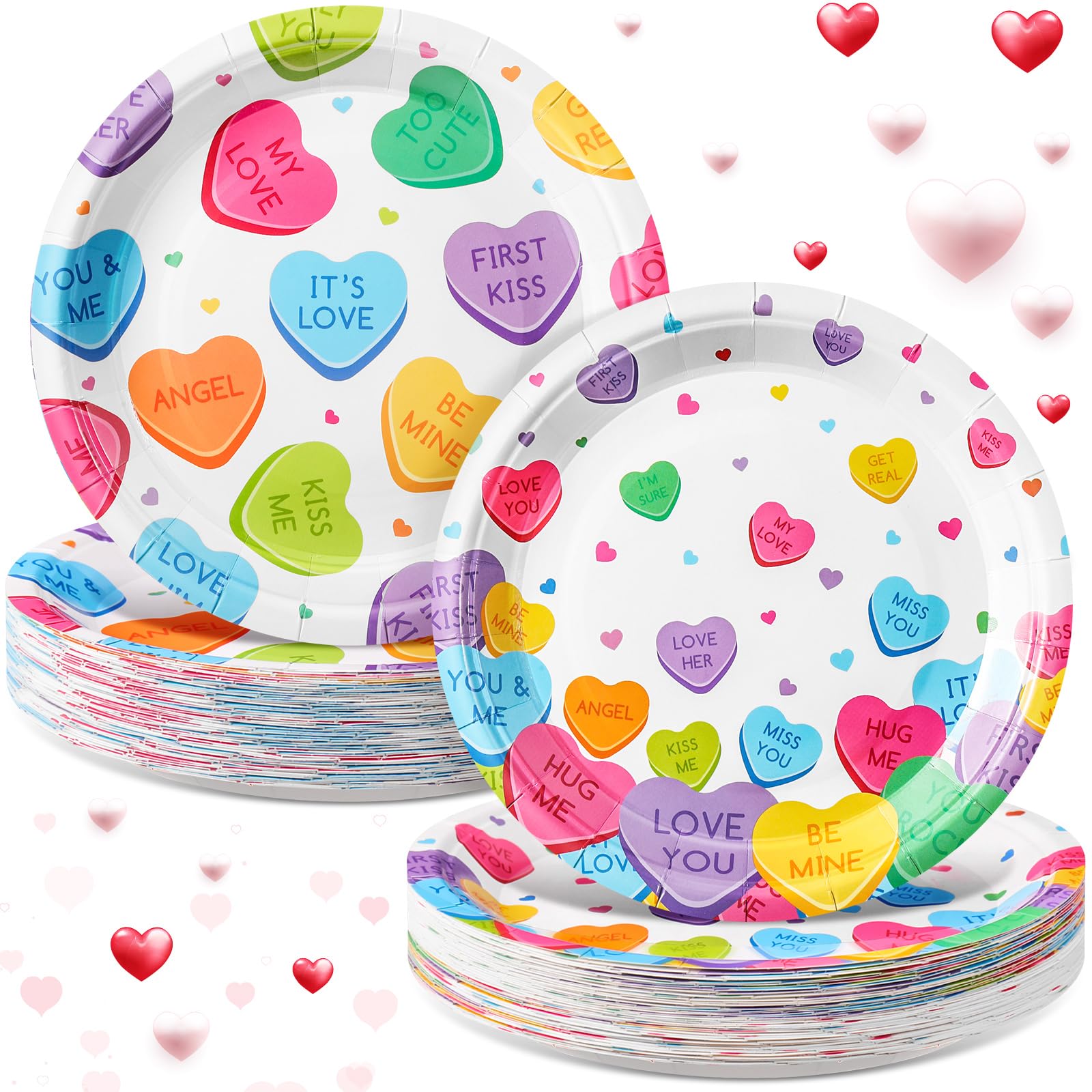 Potchen 100 Pcs 7 Inch Valentines Day Paper Plates Disposable Conversation Heart Paper Plates Round Sweetest Day Plates Decorat