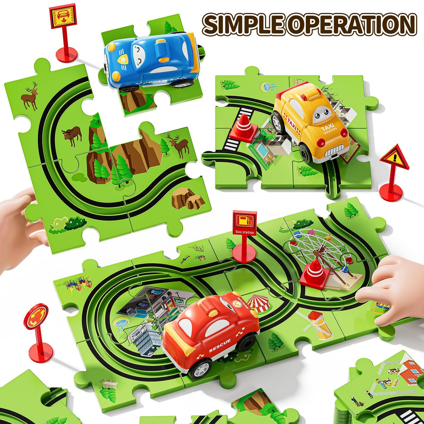 Niplooow 64 Pcs Puzzle Track Car Set For Boys Kids 3-5, Toddler Boys Toys For 3 4 5 6 Years Old, Puzzle Race Tracks Car Toys, Bi