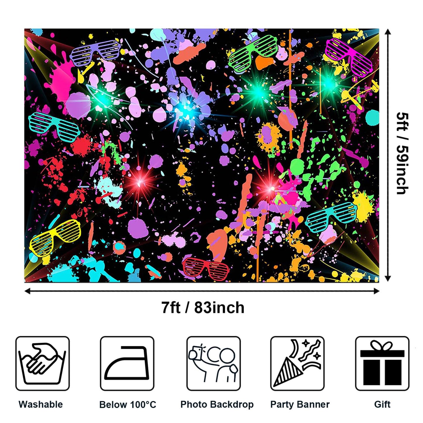 Avezano Neon Glow in The Dark Backdrop Paint Splatter Graffiti Glow Party 80s 90s Themed Birthday Background Colorful Neon Party