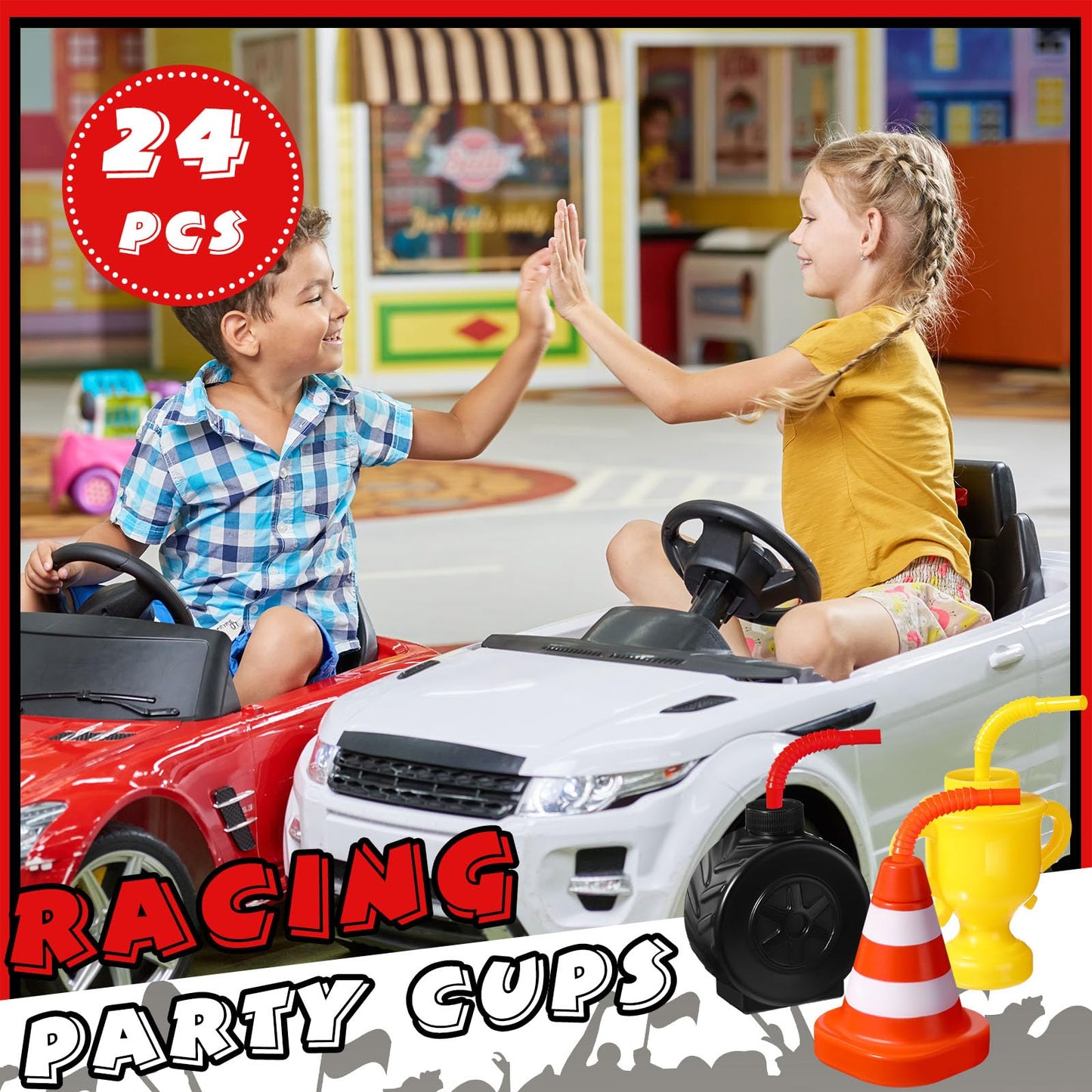 Mifoci Race Car Cups with Straws Plastic Traffic Cone Cups Tire Cups with Straws for Kids Yellow Trophy Cups Construction Party