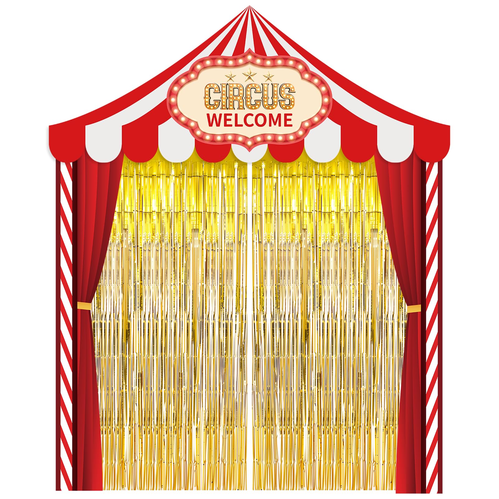 Bafeil Circus Tent Backdrop Decorations Set - Carnival Party Porch Banner with Gold Foil Fringe Curtains, Photo Booth Background