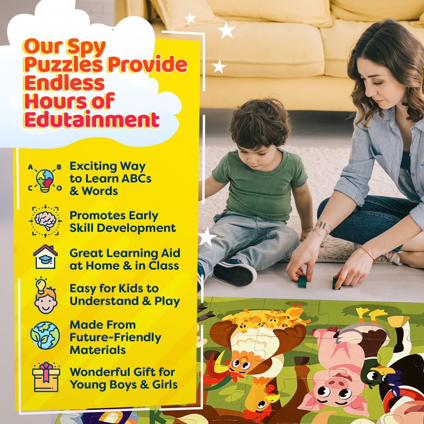 I Spy Number Puzzle With Flashcards And Magnifying Glass 2Ft X 3Ft-Large 48 Piece Candy Land Jumbo Floor Puzzles For Kids Ages 3
