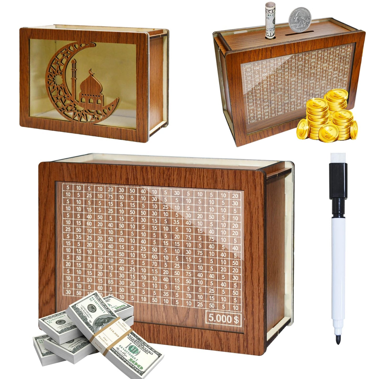 Kendyy Wooden Piggy Bank For Adults, Countdown Cash Vault With Money Target And Numbers, Cash Savings Challenge Box For Kids, Retro Cash Saver Money Box For Boys & Girls (Brown Moon, $5000)