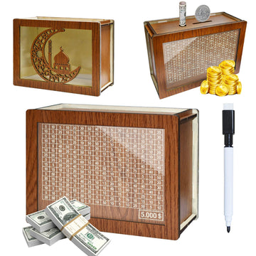 Kendyy Wooden Piggy Bank For Adults, Countdown Cash Vault With Money Target And Numbers, Cash Savings Challenge Box For Kids, Retro Cash Saver Money Box For Boys & Girls (Brown Moon, $5000)