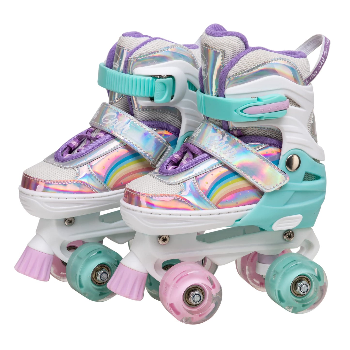 Skate Gear Rainbow Adjustable Light Up Inline/Quad Roller Skates For Girls And Boys (Pink - Quad, Medium)