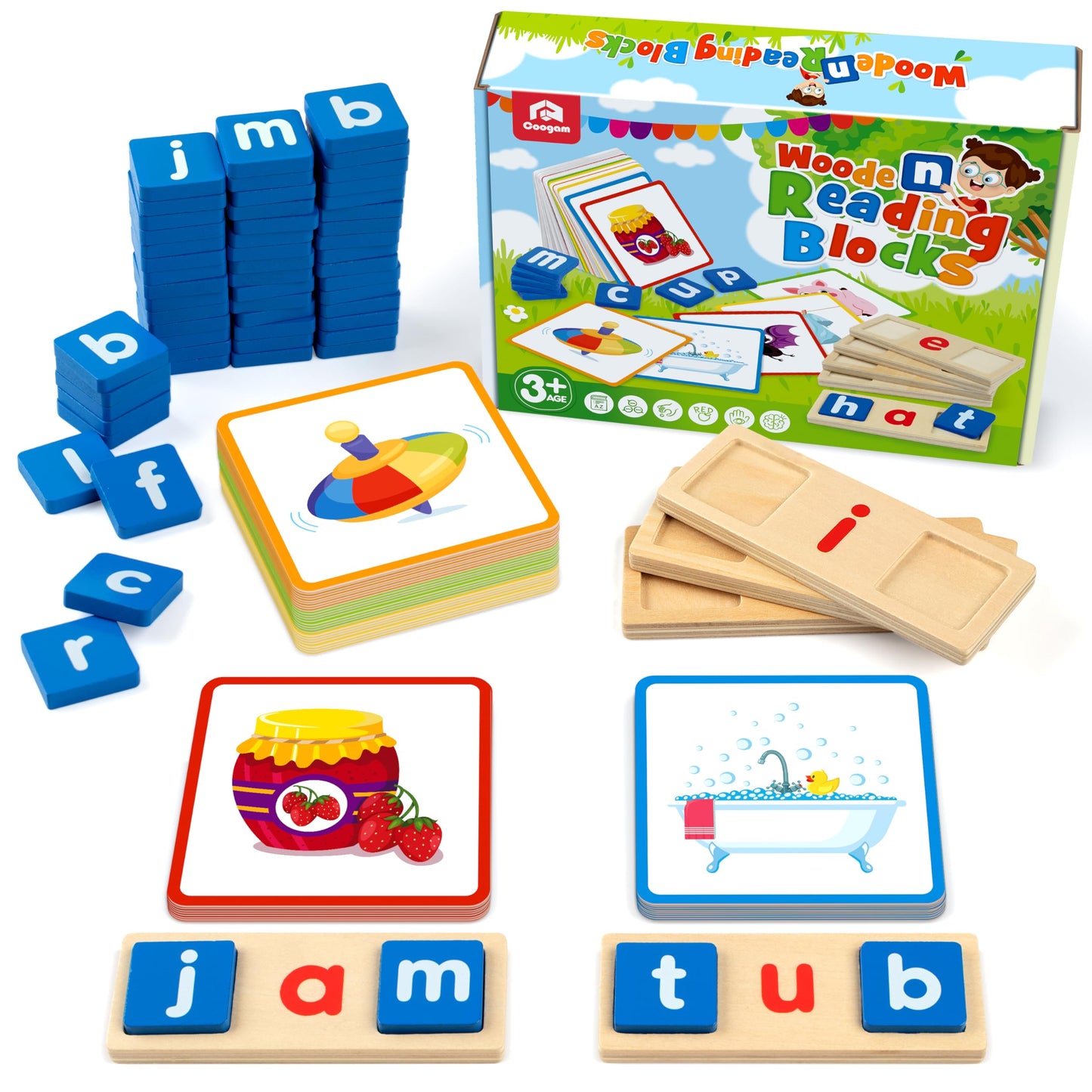 Coogam Wooden Short Vowel Reading Letters Sorting Spelling Games, Site Cvc Words Learning Flashcards Alphabet Puzzle Montessori Educational Toy Gift For Kids 3 4 5 Years Old