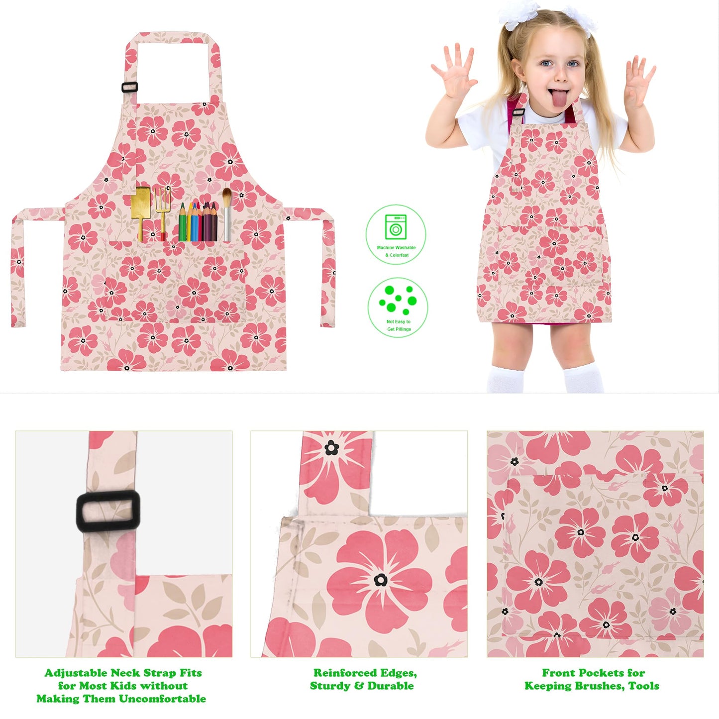 BeeGreen Kids Apron 2 Pack Pink White Floral Kids Painting Aprons with Adjustable Strap & Front Pockets Toddler Aprons for Girls