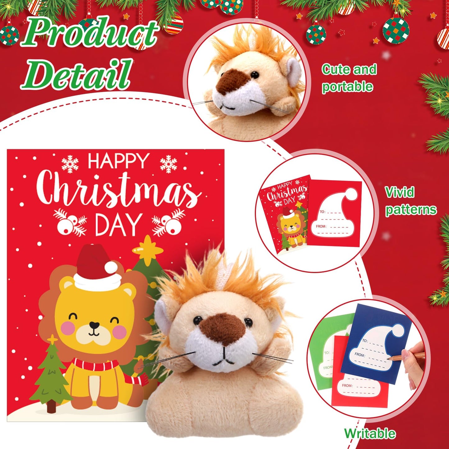 Motionchic 48 Set Mini Christmas Stuffed Animals Bulk with Winter Snowflakes Snowmen Cards Cute Plush Animals Keychain for Xmas