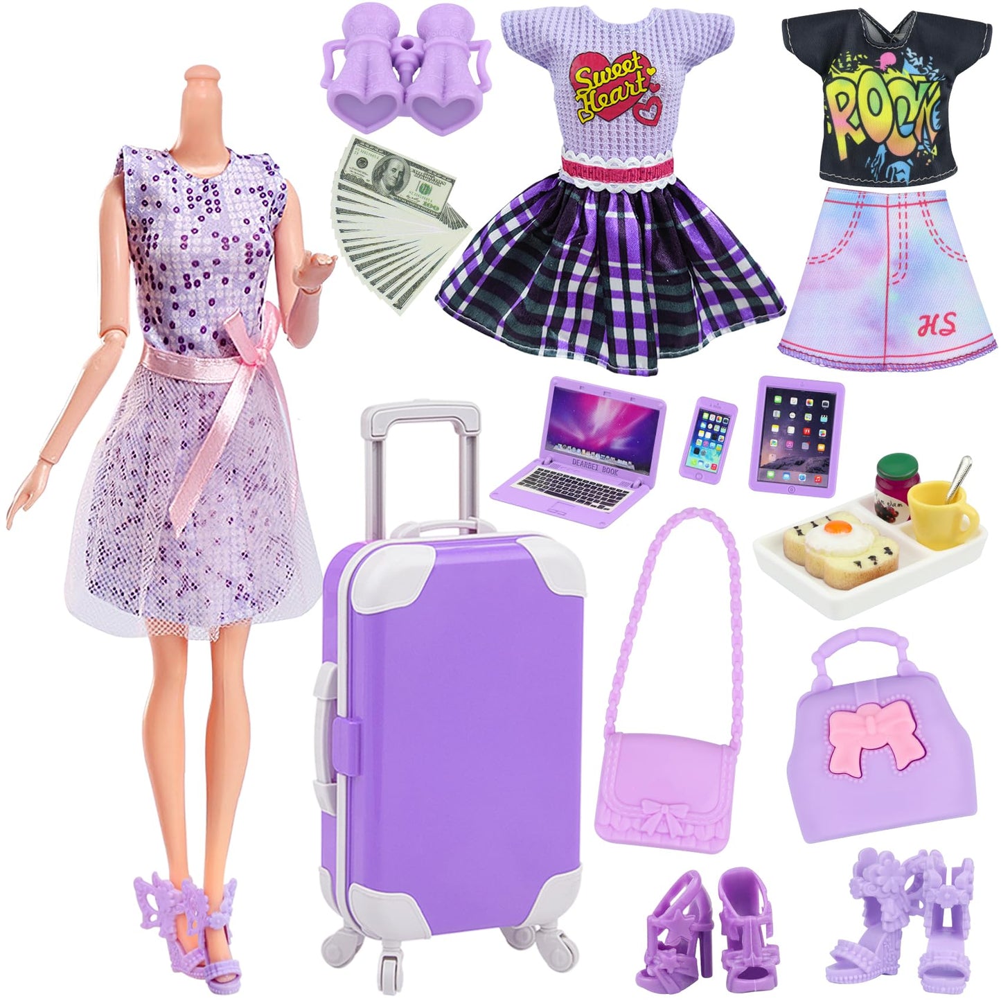18INDC 17 Pcs Doll Clothes and Accessories Suitcase Travel Set - Miniature Laptop Computer Tablet Phone  Suitcase Backpack Bag Clothes Set Shoes Telescope Dollars Omelette Toast Set for 11.5 Doll