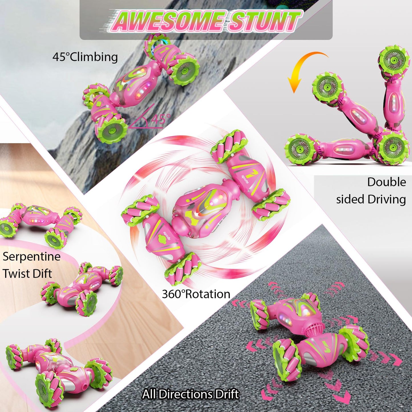 Nicella Remote Control Car, Pink RC Cars for Girls, Gesture Control Stunt Car with Light & Music, 4WD, 360 Rotating, 2.4Ghz Remo
