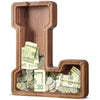Customized Name Large Wooden Piggy Bank For Kids Boys Girls Alphabets Letter A-Z Coins Bills Money Change Bank Box Initial On Clear Cover (Laser Engraved) (Alphabet-L, Initial-12)