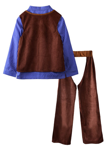 Relibeauty Kids Cowboy Costume For Boys Cosplay Costumes Birthday Party Christmas Halloween Dress Up Gift For Kids 5 Sets,Blue 3