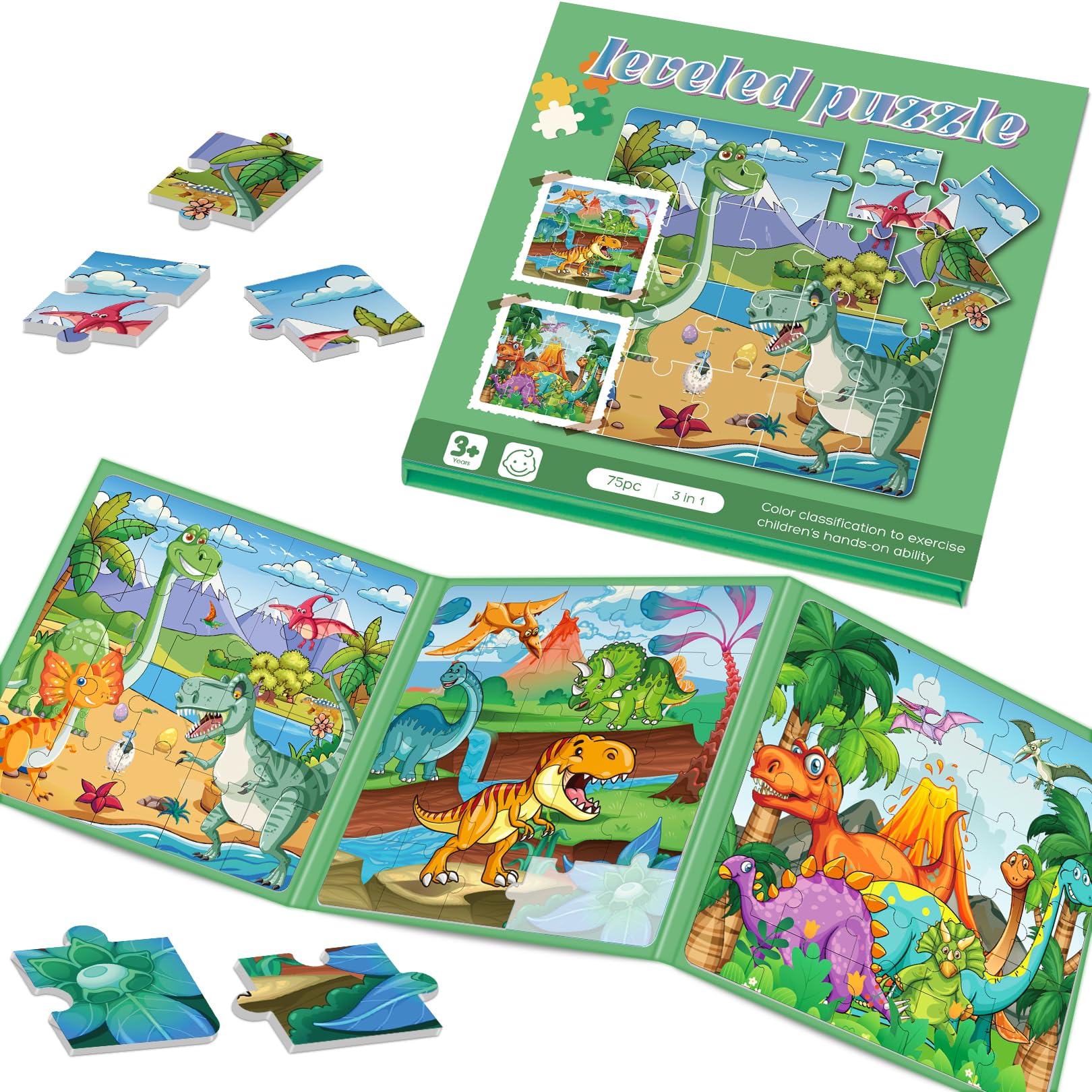 Magnetic Puzzles for Toddlers 3-5 , 75-Pieces Travel Toys , Dinosaur Puzzles Ages 4-6, Educational Learning Magnets, Road Car Tr