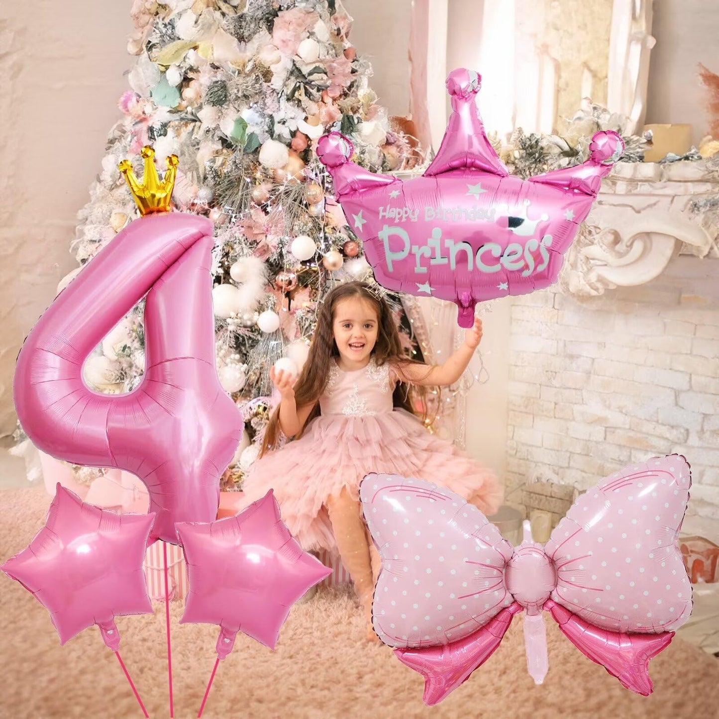 Pink 4Th Birthday Decorations, Pink 4Th Birthday Balloon Set With 40 Inch Pink Number 4, Large Helium Foil Mylar Princess Crown Balloon, Pink Bow Foil Balloons For Girls Birthday Party Decoration