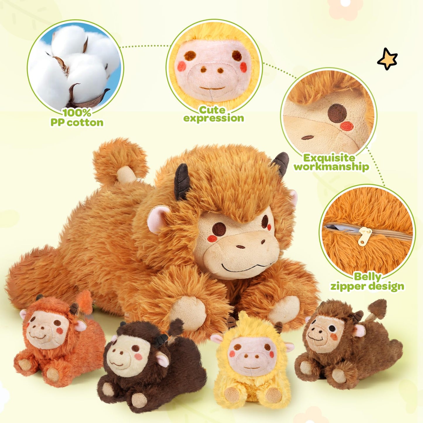 Kmuysl Highland Cow Stuffed Animal For Girls Ages 3 4 5 6 7 8+ Years Old, Mommy Cow Animals Plush Toys With 4 Baby Calves, Soft