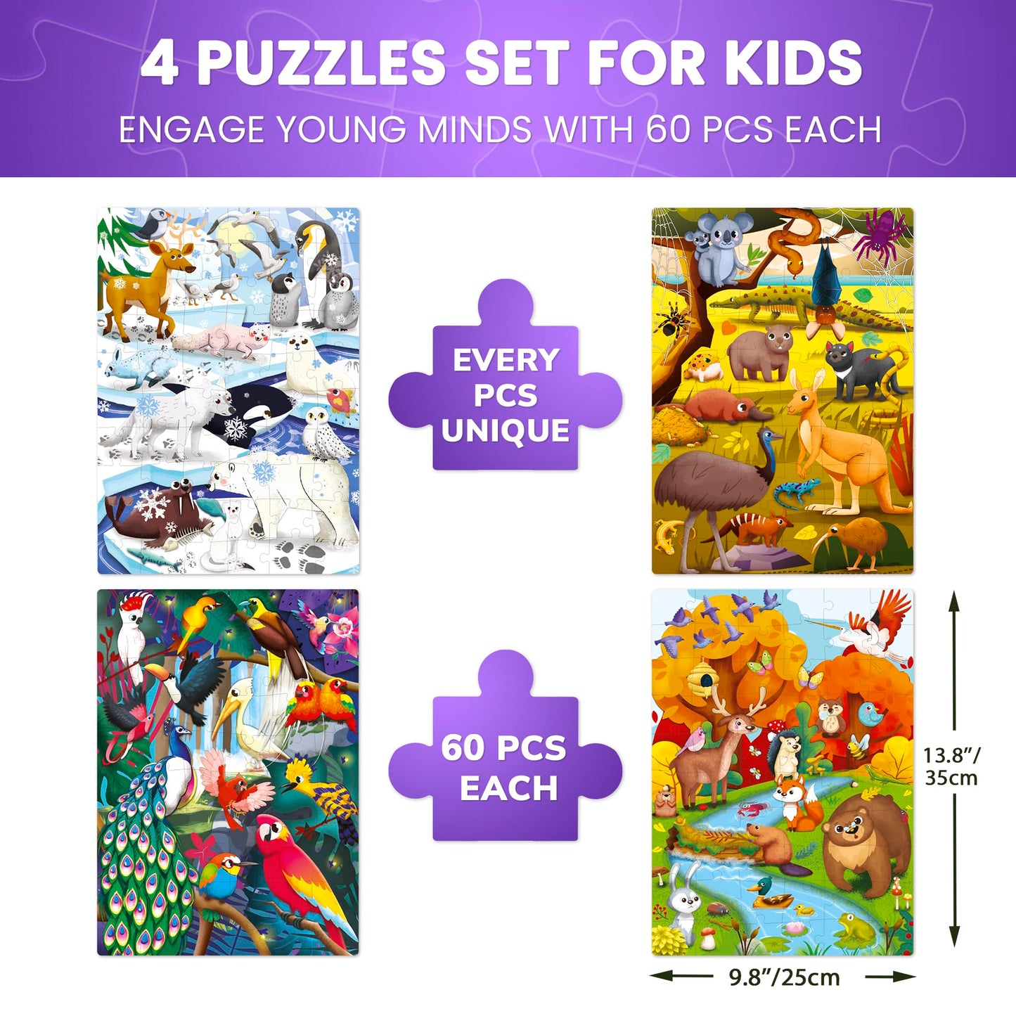 Quokka Puzzles For Kids Ages 4-6 - Set Of 4X60 Jigsaw Puzzles For Toddlers 3-5 - Polar, Birds, Animals Toys For Children 6-8 Yo - Gift Educational Game For Boys & Girls