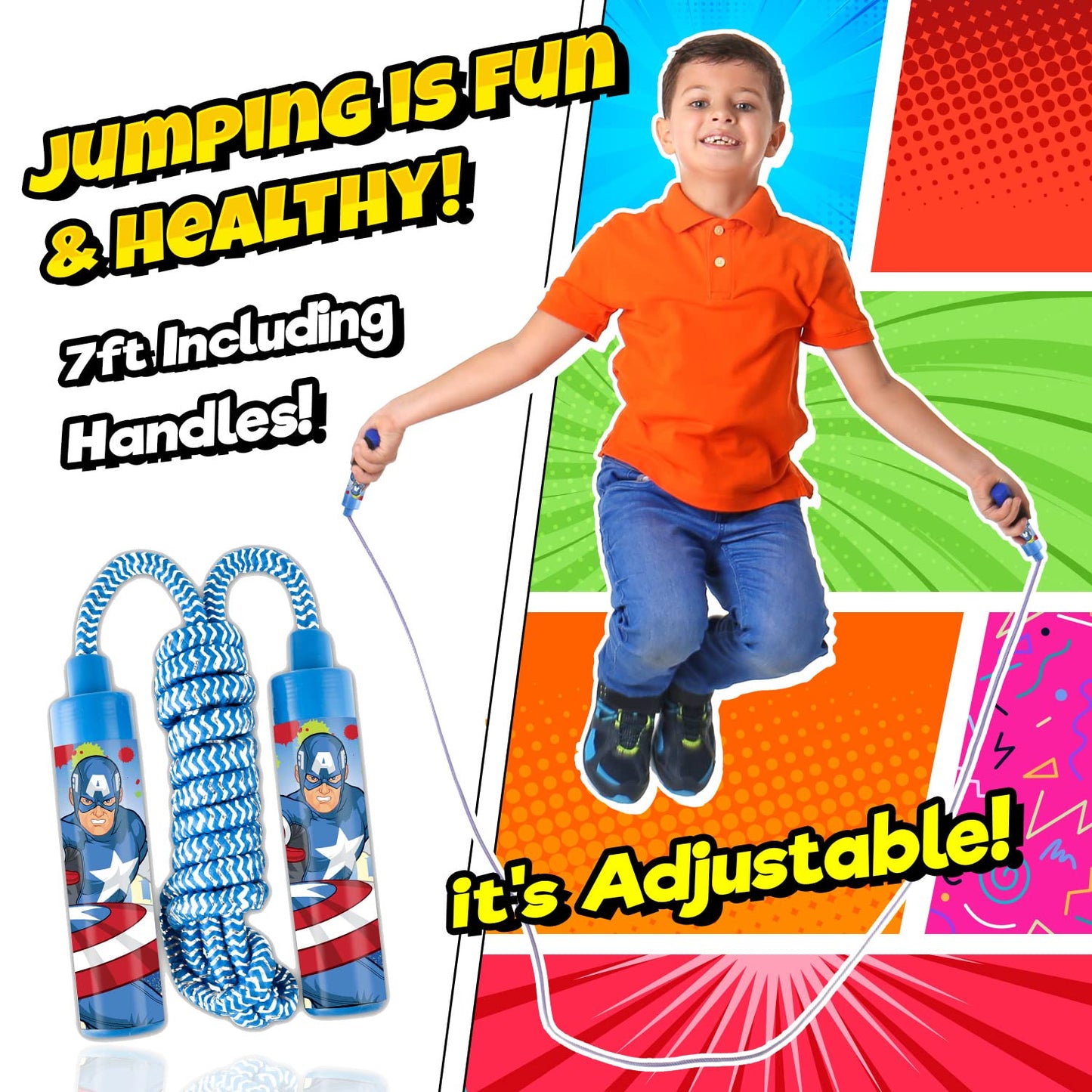 Ja-Ru Marvel Avengers Jump Rope For Kids (1 Skipping Rope) Super Hero Spiderman For Children. Fun Activity Games Stuffers Recreation Toy For Boys Outdoor Games 6815-1-Spid
