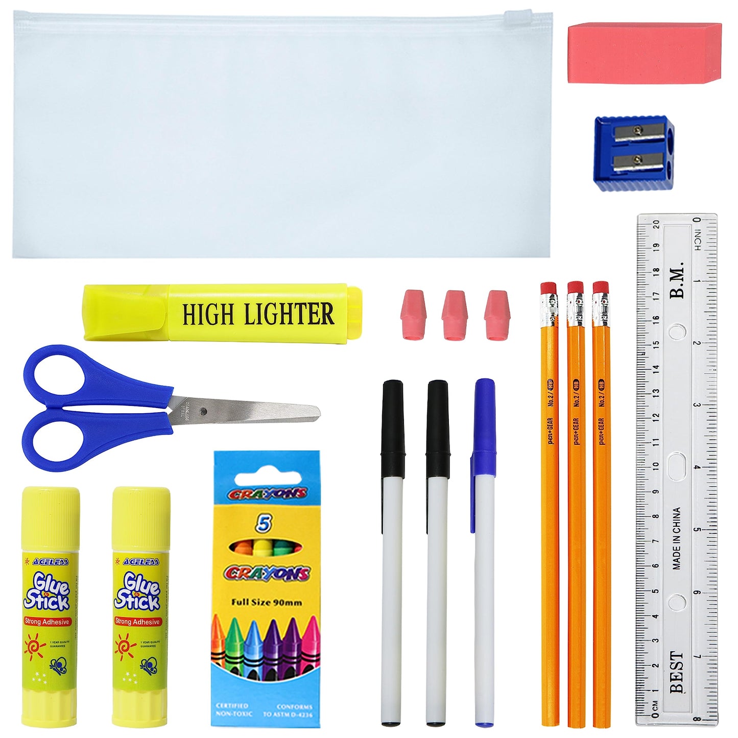 22 Piece Bulk School Supplies Kits, Value Pack of 48 Kits - Essential Box of School Supplies Kit with Pens, Pencils, Crayons, an
