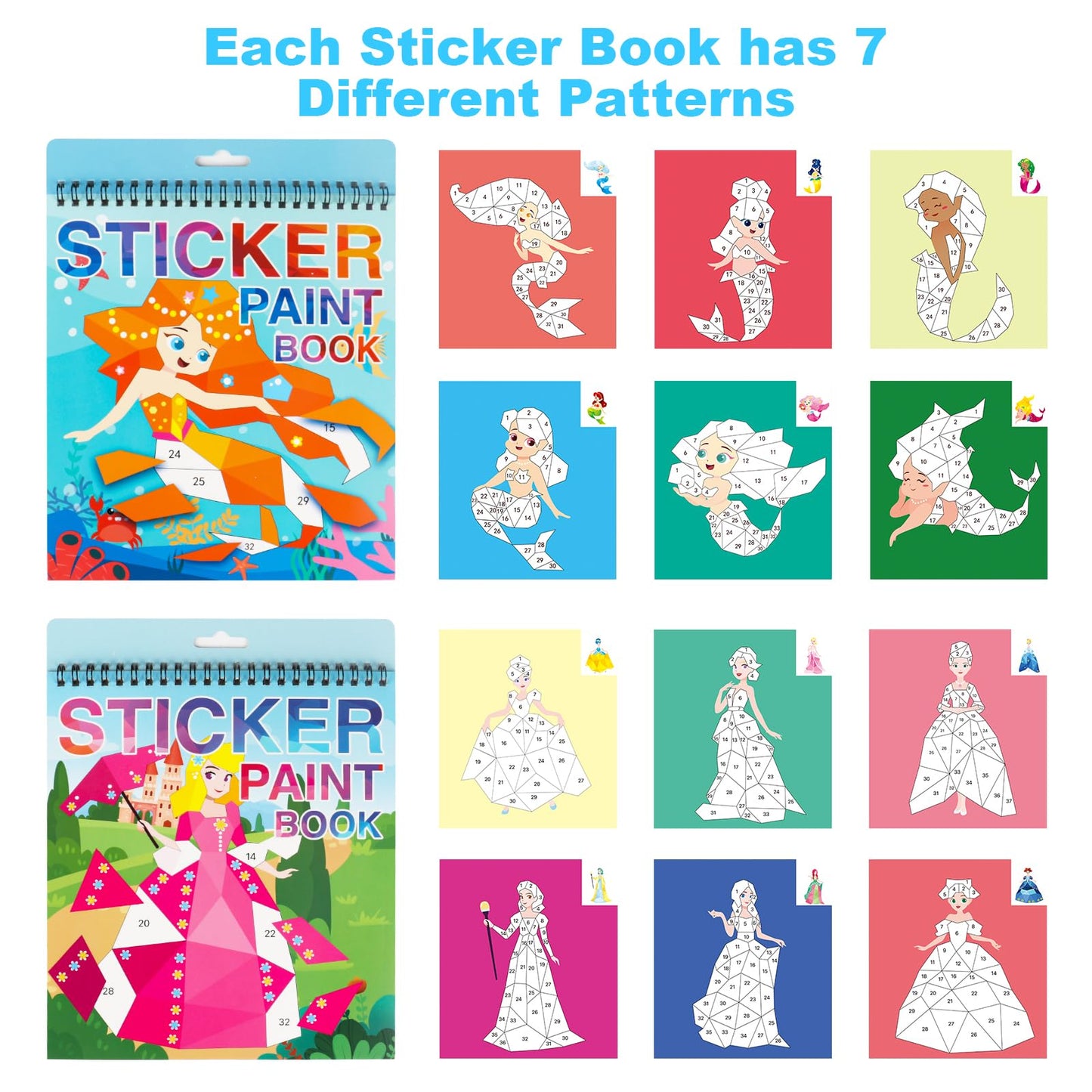 Crafts For Kids Ages 4-8 Sticker Paint Books, Princess And Mermaid Sticker Book Stickers For Kids Girls Birthday Easter Party Favor, Road Plane Travel Activity Books(Princess-Mermaid)