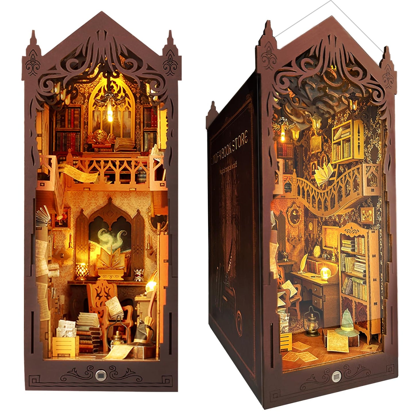 Diy Book Nook Kit, Dollhouse Wooden Mini House Kit, 3D Wooden Puzzle Book Nook Kit With Sensor Led Lights, Bookshelf Insert Deco