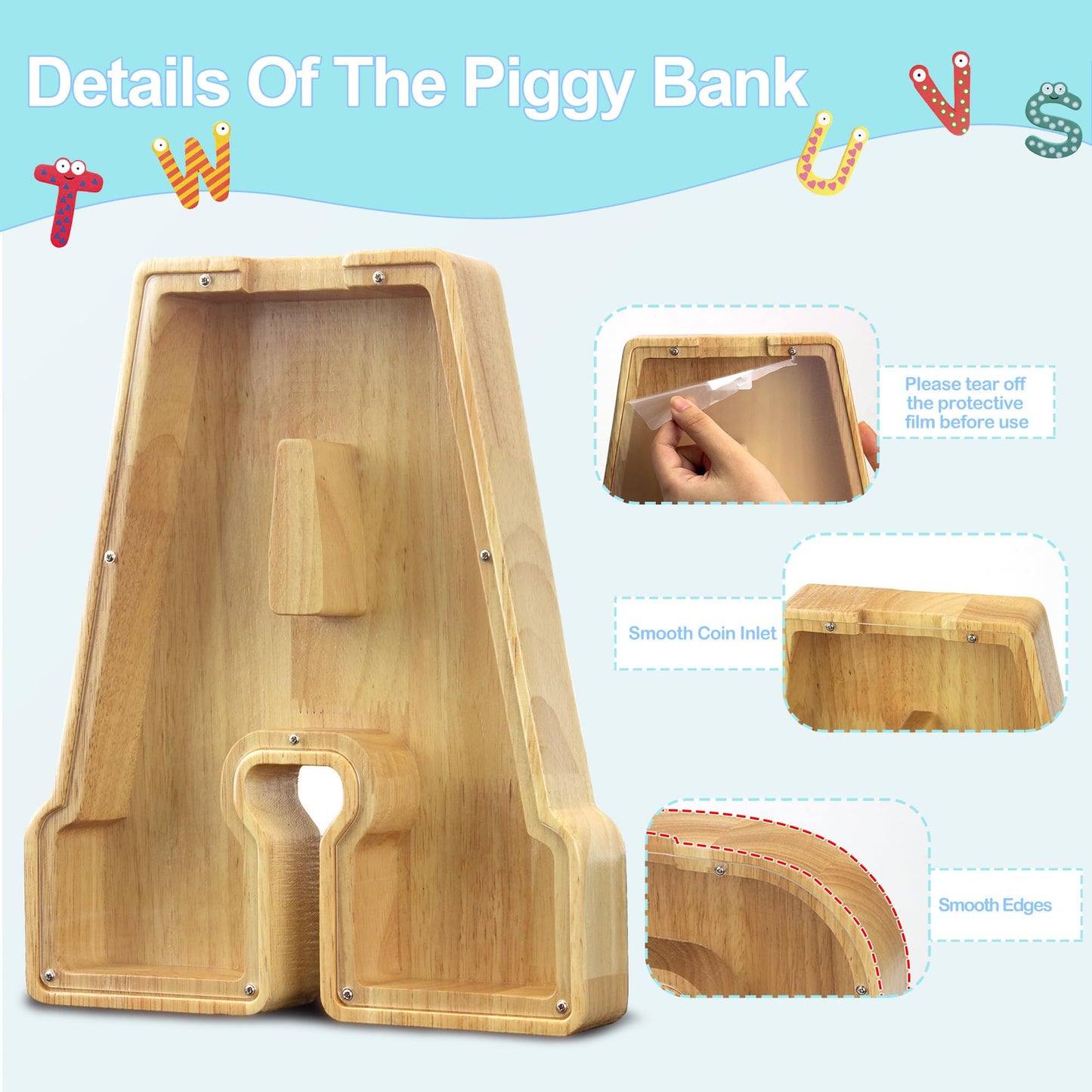 Aorcmitn Extra Large Wooden Letter Coin Piggy Bank For Boys Girls Kids Toddler Alphabet U Money Bank (Initial-U-12)
