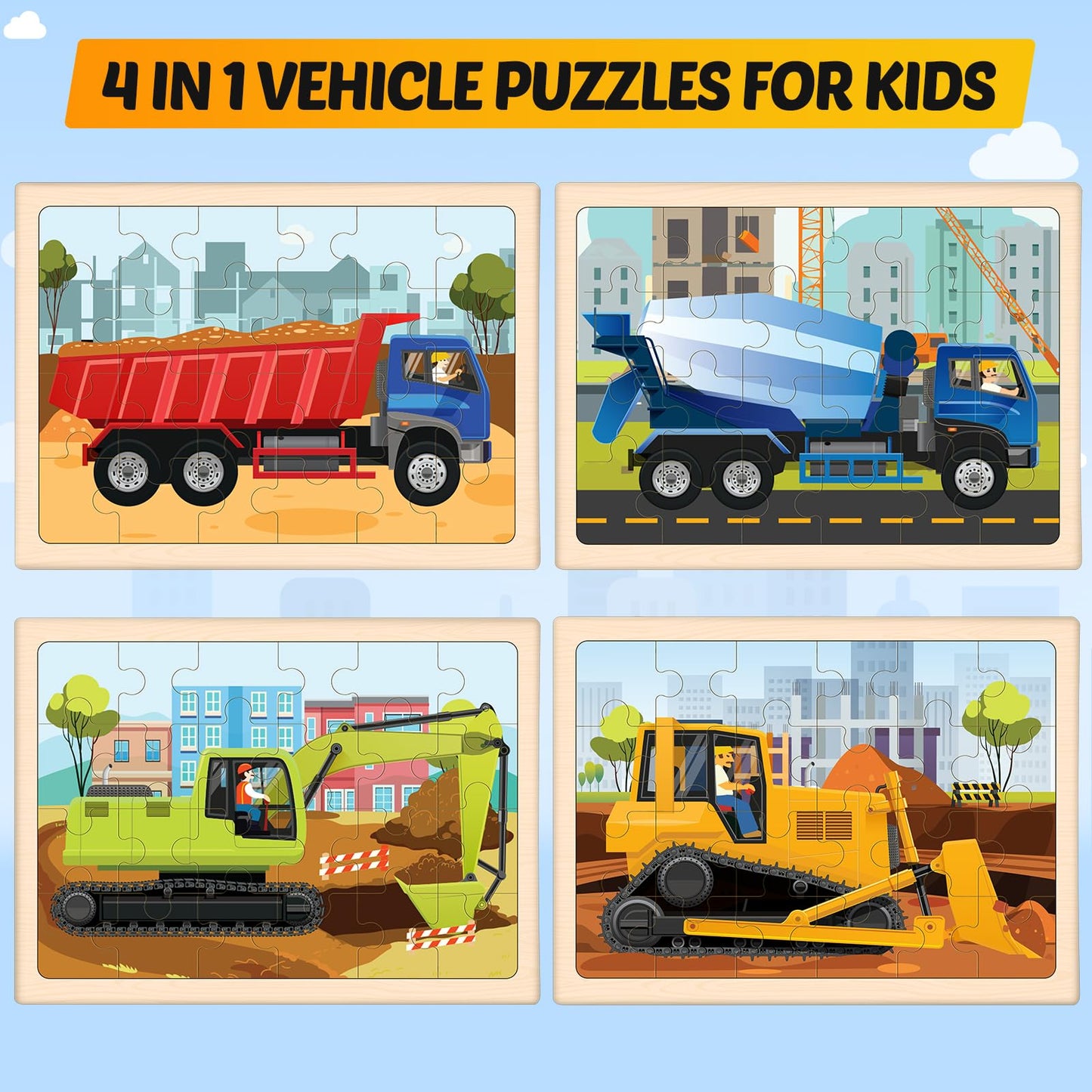 Wooden Puzzles For Kids Ages 4-6, 4 Packs 24 Pcs Construction Vehicle Jigsaw Puzzles For Kids Ages 3-5, Preschool Educational Pu