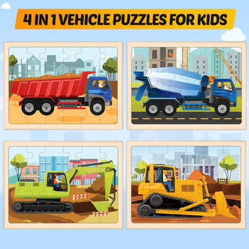 Wooden Puzzles For Kids Ages 4-6, 4 Packs 24 Pcs Construction Vehicle Jigsaw Puzzles For Kids Ages 3-5, Preschool Educational Pu