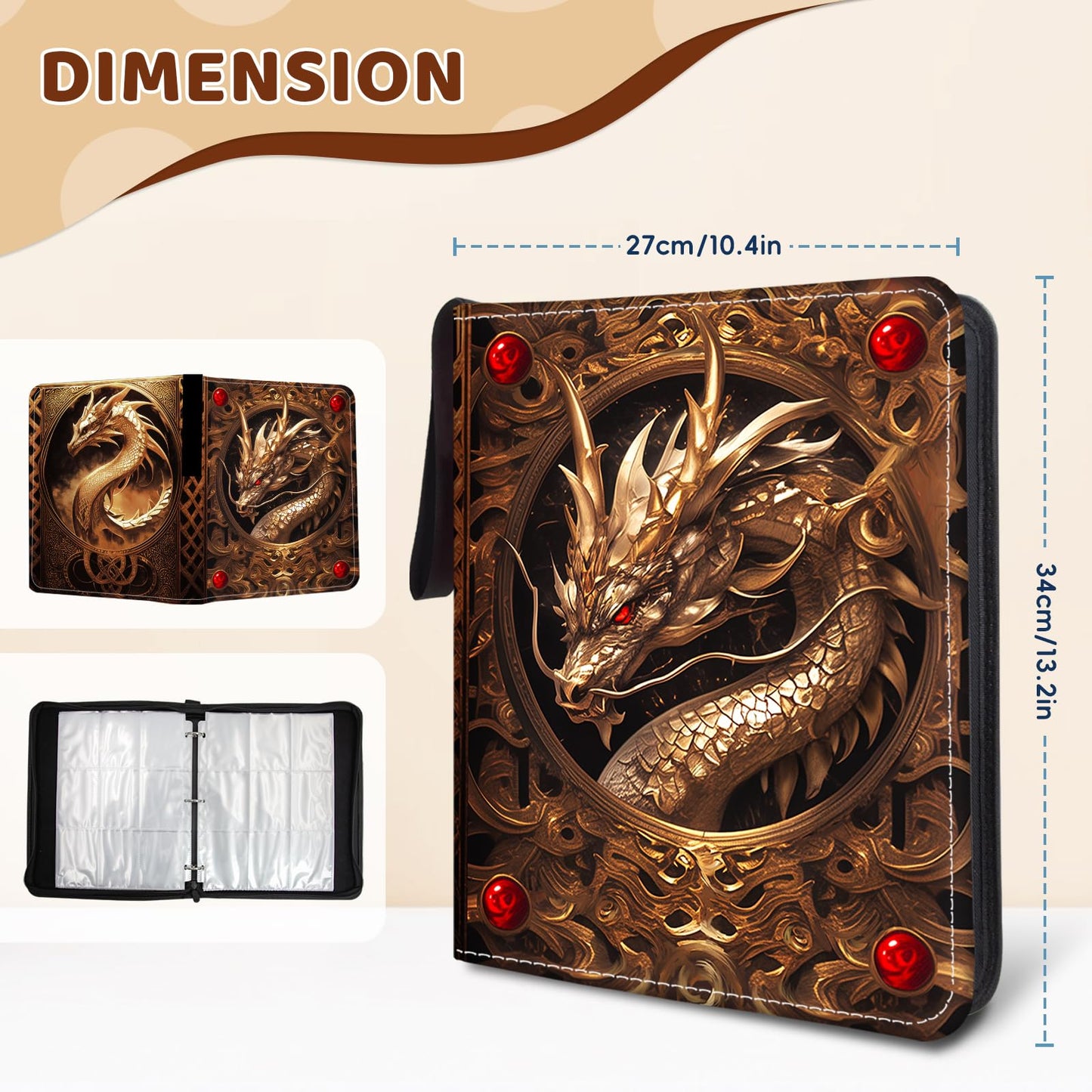 Wazzio Trading Card Storage Album with 50 Durable 9-Pocket Pages  Birthday Gifts for Fathers Day  900 Pocket Card Binder  Gifts for Collector's Album  Golden Dragon Design on Pocket Card Packs