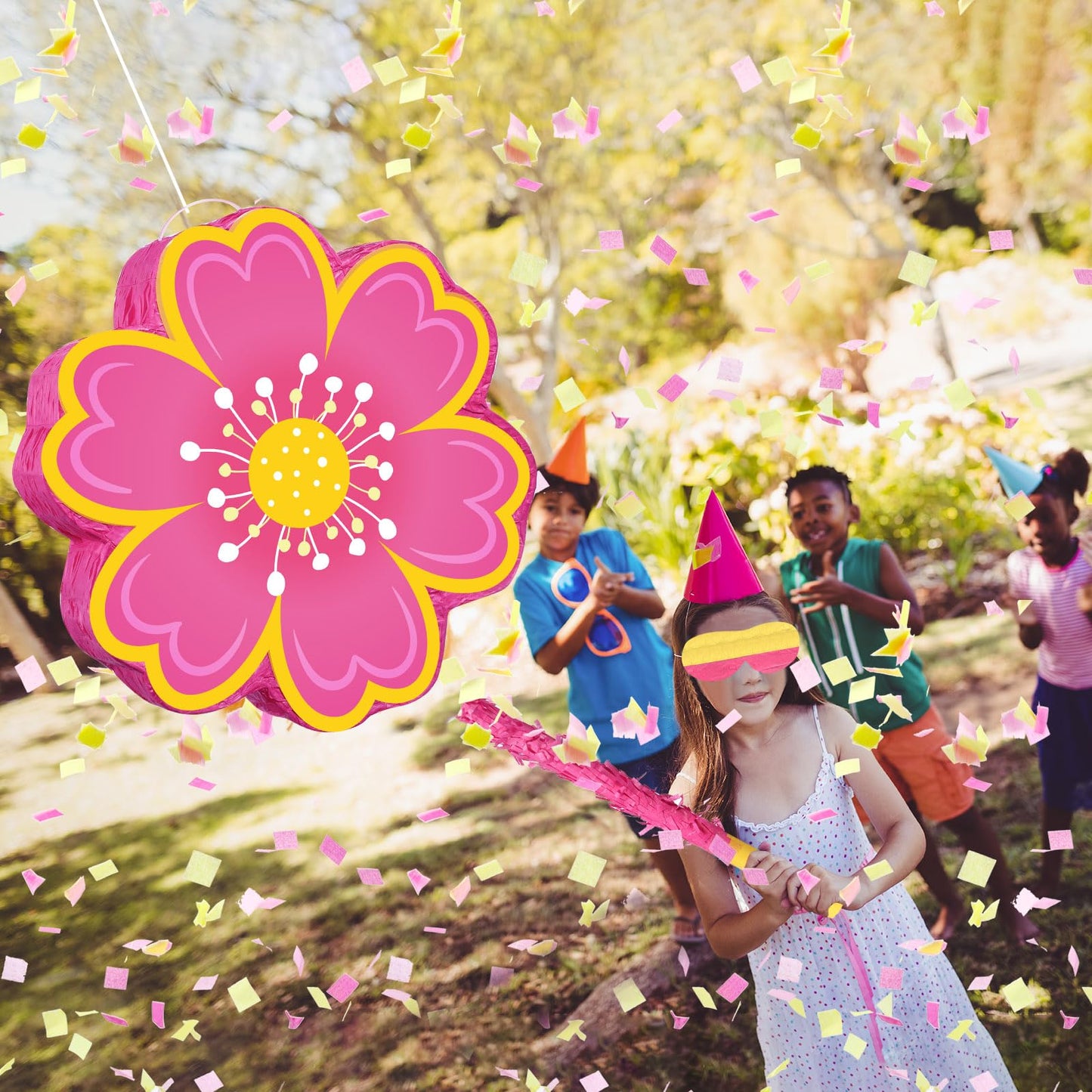 Aoriher Daisy Flower Piñata Set - Pink, Paper, Includes Blindfold & Bat, Perfect for Birthday, Baby Shower, Gender Reveal, Wedding