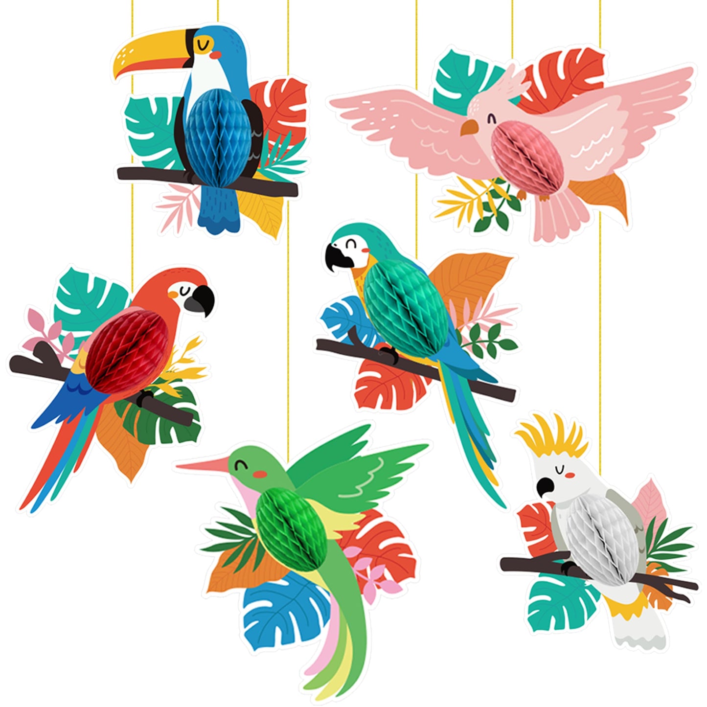 6 Pieces Tropical Birds Honeycomb Paper Cutouts Hanging Parrot Hawaiian Luau Tropical Party Decorations for Summer Beach Jungle 