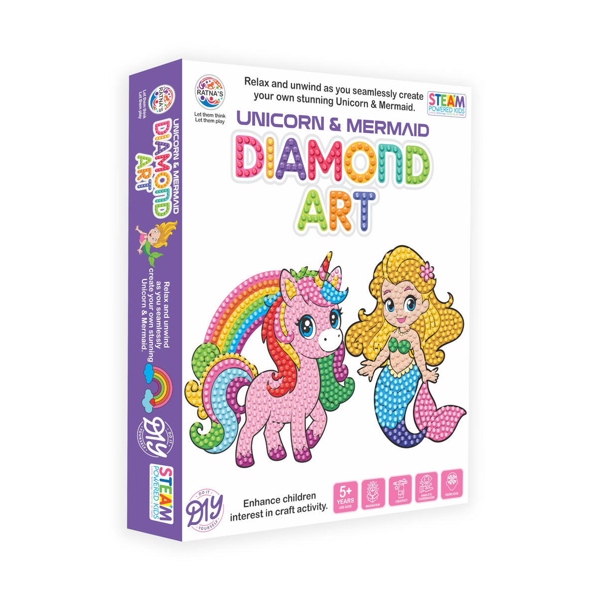 RATNAS Unicorn & Mermaid Diamond Art Kit with Hanging Frames, Diamond Painting Kit for Kids Ages 5+ Years, Vibrant Colour Diamo