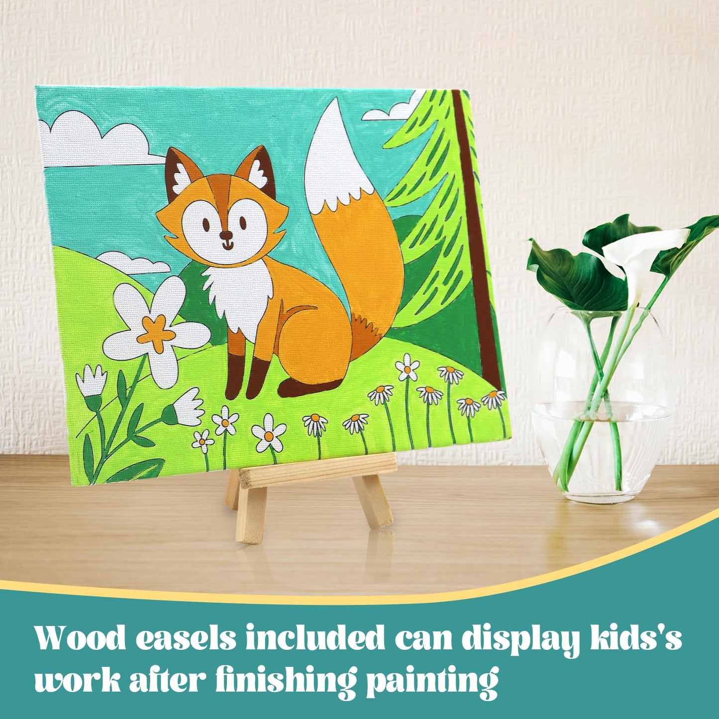 8 Packs Predrawn Canvas for Painting Kids Paint Canvas for Kids, 48 Paints, 8 Brushes 2 Easels, 8 6x8 Printed Canvas for Girls B