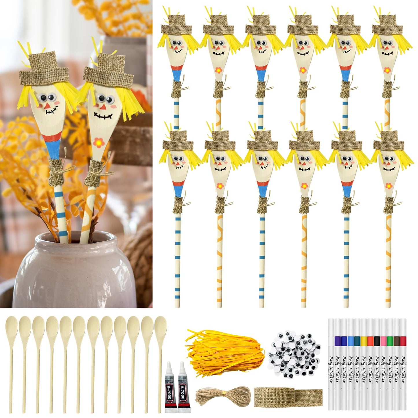 Cinrobiye 12 Set Fall Scarecrow Wooden Spoon Craft Kit, DIY Autumn Scarecrow Mason Jar Decoration Set Goodie Bag Fillers for Tha