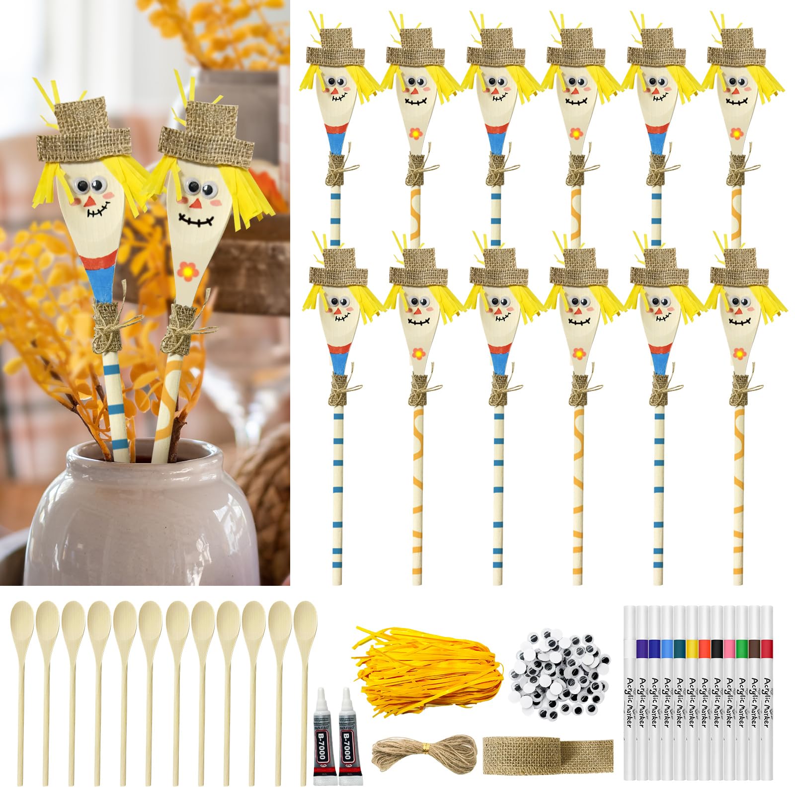 Cinrobiye 12 Set Fall Scarecrow Wooden Spoon Craft Kit, DIY Autumn Scarecrow Mason Jar Decoration Set Goodie Bag Fillers for Tha