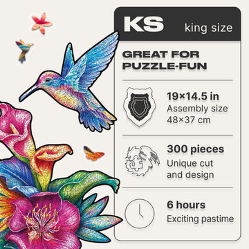 Unidragon Original Wooden Jigsaw Puzzles - Elusive Colibri, 300 Pcs, King Size 19''X14.5'', Beautiful Gift Package, Unique Shape