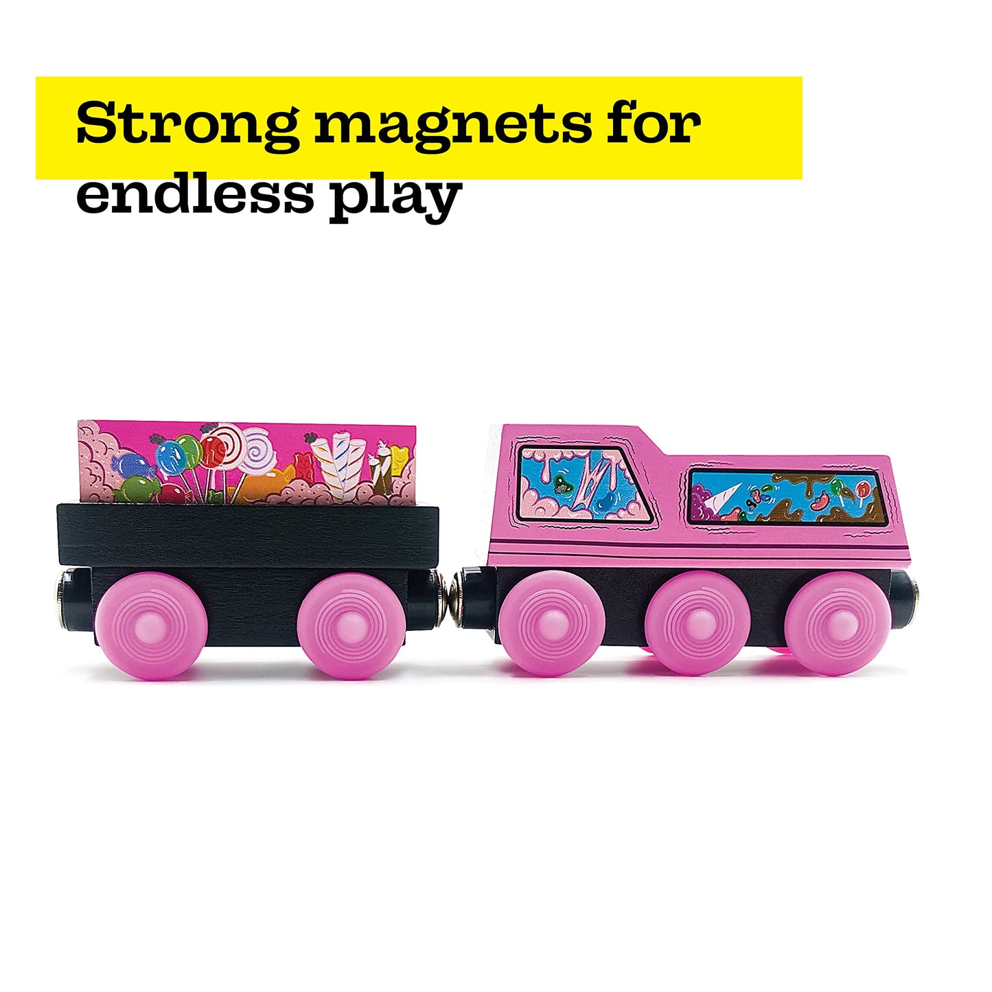 Zany Trains Series 1 - Wooden Train Set With Cargo - Compatible With All Wooden Train Sets - Wooden Train Cars (Sugar Rush Susie)