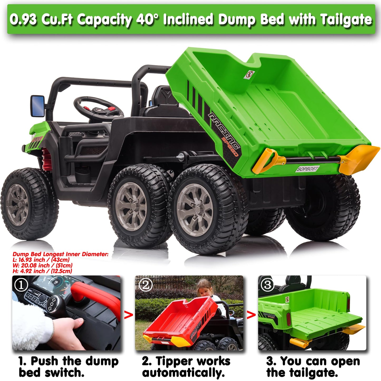 Sopbost 2 Seater 24V Kids Ride On Truck With Electric Dump Bed, Extra Shovel, 4Wd Battery Powered Ride On Toy Car With Remote Control, Music Play, Eva Tires Wheels, Green