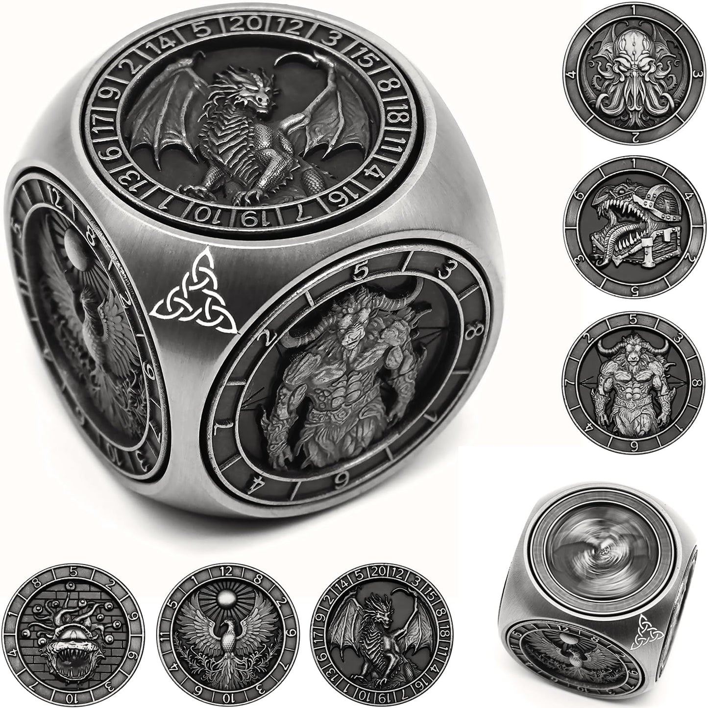 DND Spinner Dice, 7 in 1 Unique Metal Dice Set with 3D Relief for Dungeons and Dragons Gifts, Cool Polyhedral Role Playing Game