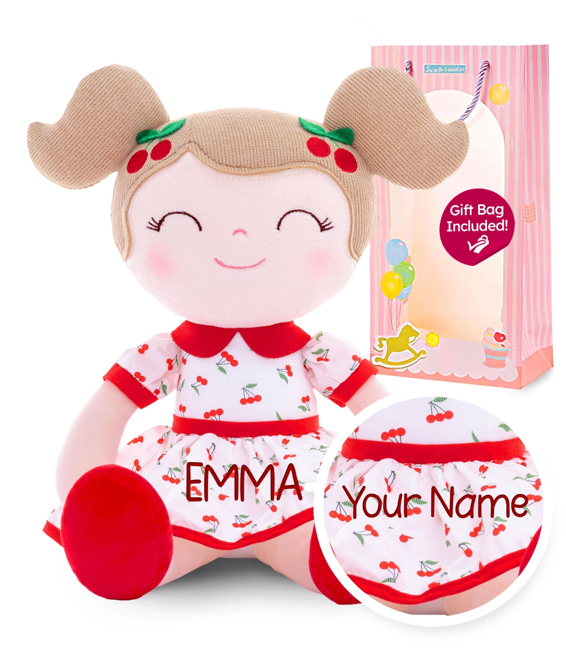 Gloveleya Personalized Doll With Your Name - Cute Red Cherry Color Custom Soft Plush Doll For Girls Plush Doll Customized Gifts - Muñecas De Trapo Personalizadas Para Niñas