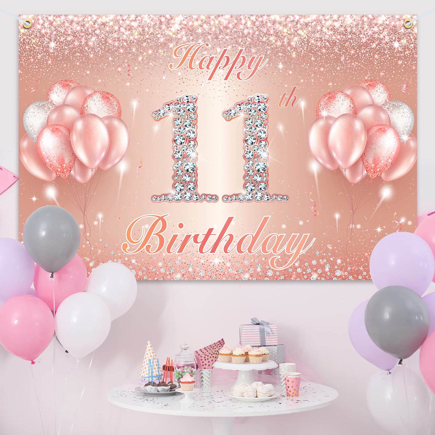 Happy 11Th Birthday Banner Backdrop - 11 Birthday Party Decorations Supplies For Girls Or Boys - Rose Gold 4 X 7Ft