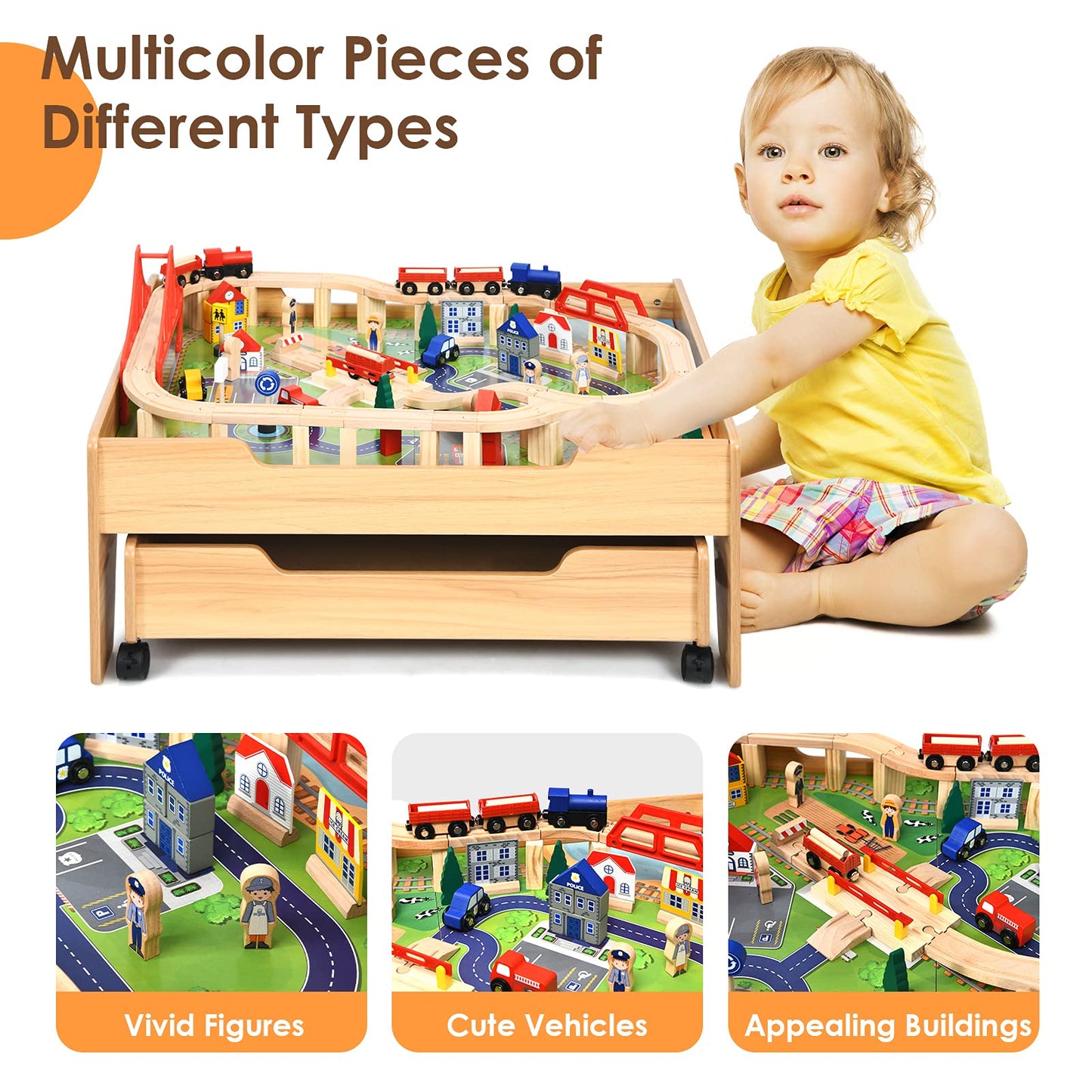 Honey Joy Train Table, Wooden Kids Activity Table With Storage Drawer, 100 Multicolor Pieces, Tracks, Trains, Cars, Toddler Trai