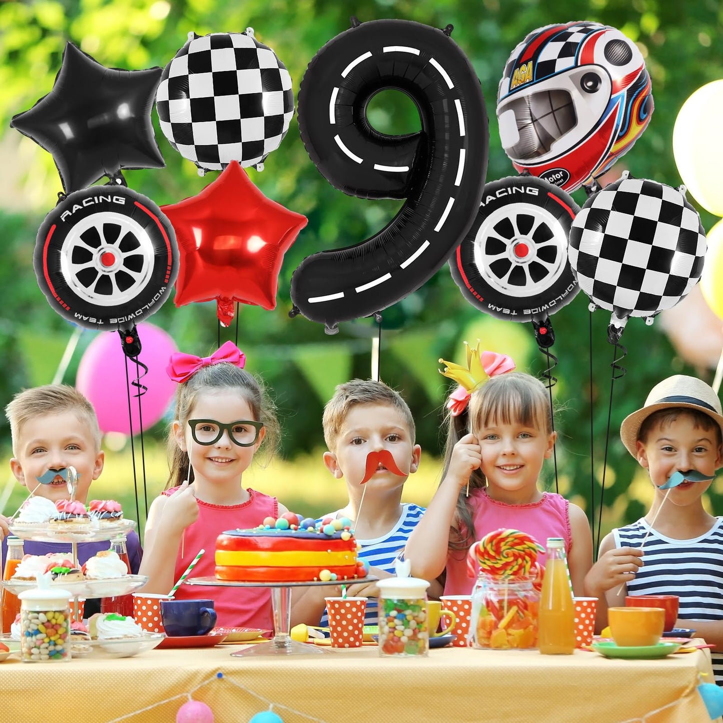 Race Car 9 Balloons, 40 Inch Racetrack Number 9 Balloon, Large Foil Mylar Racetrack Black 9 Balloon For 9 Year Old Birthday Race