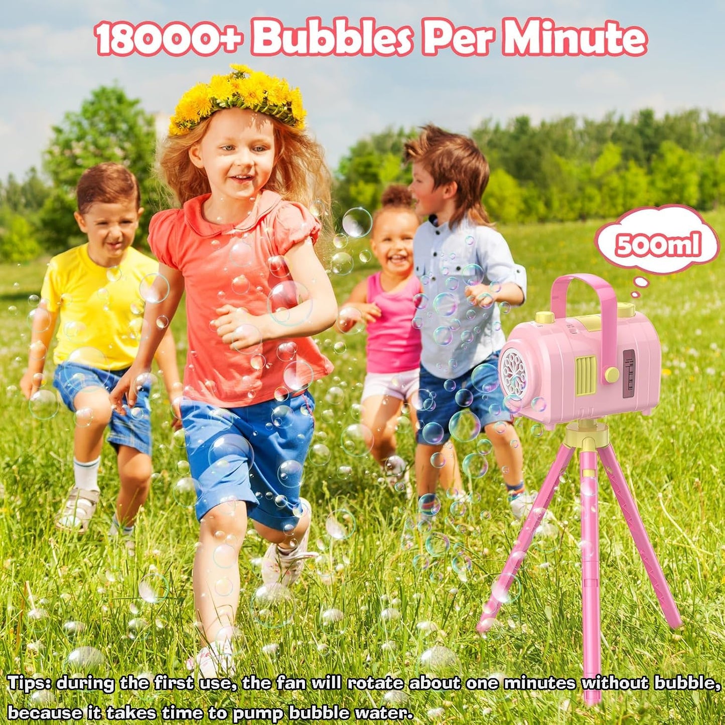 Phnixgam Bubble Machine Large Capacity, Automatic Kids Bubble Blower With 10 Holes 2 Speeds 17Oz/500Ml, Rechargeable Portable Bu