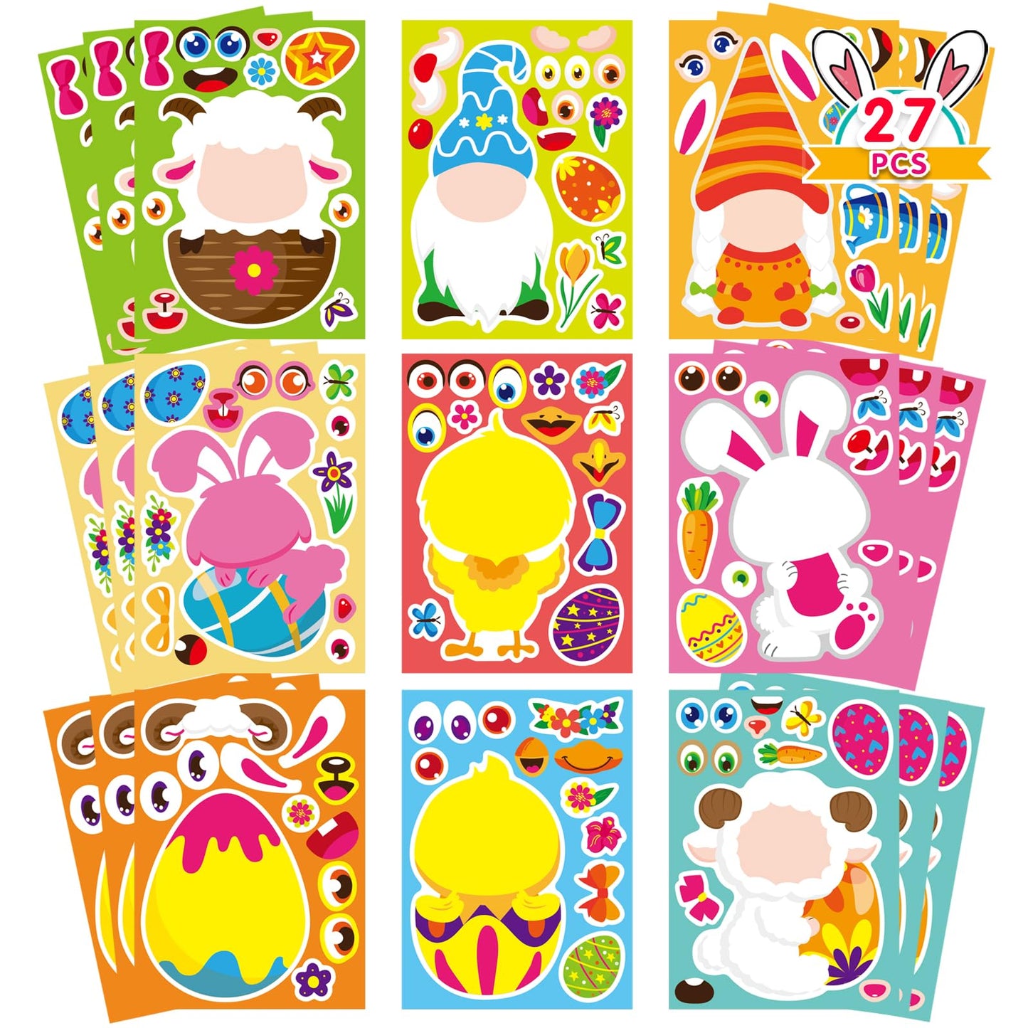 27 Sheets Easter Stickers Easter Gifts For Kids Toddlers Make Own Face Easter Gnome Bunny Sheep Rabbit Colored Egg Chicks School