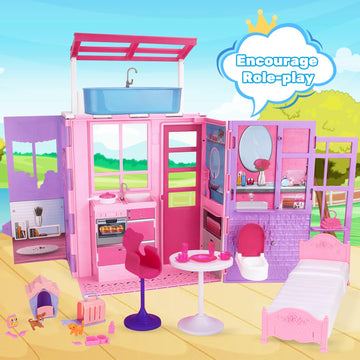 Doll House Playset For Girls, Portable Dollhouse Toy With Furniture & Accessories Including Kitchen, Bedroom, Bathroom, Pet Hous