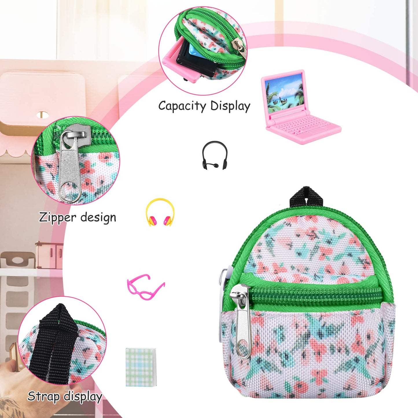 20 Pieces Mini Backpack For Dolls Dollhouse Accessories Include Tiny Micro Backpack With Zipper Laptop Books Headsets Sunglasses Cute School Scene Simulation Toys For 1/12 1/6 Scale(Classic Style)